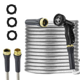 AnyEasy front view of 50ft stainless hose showing durable metal jacket and length benefits