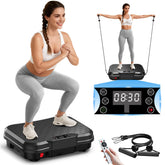 AoraPulse front view showing compact vibration plate and benefits for home workouts
