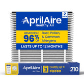 AprilAire filtro 210 frente del empaque mostrando tamaño y beneficio