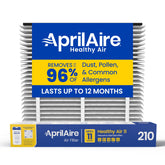 AprilAire filtro 210 frontal mostrando tamaño y sello, mejora filtración