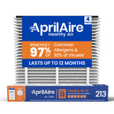AprilAire filtro 213 frontal mostrando empaque y tamaño, mejora la calidad del aire