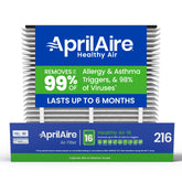 AprilAire 216 front packaging showing model and MERV 16 benefit