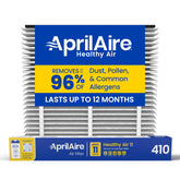 Aprilaire 410 empaque frontal mostrando filtro genuino y dimensiones, mejora aire interior