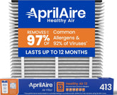 Filtro AprilAire 413 frontal mostrando empaque y ajuste original para confianza