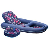 Aqua LEISURE front view showing full navy hibiscus lounger and buoyant frame, easy setup