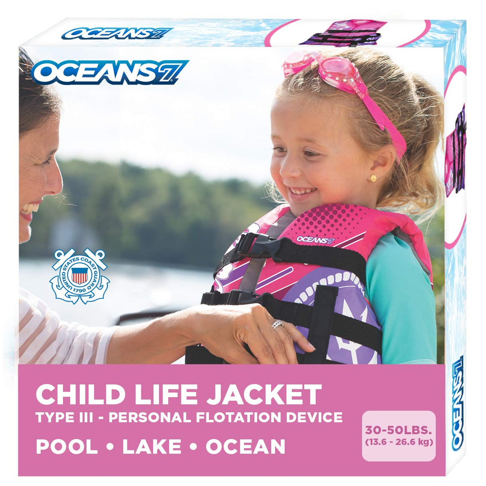 Aqua LEISURE Oceans7 frente del chaleco mostrando diseño rosa berry y certificación USCG