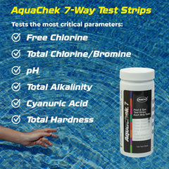 AquaChek tira sumergida en agua de piscina demostrando uso sencillo y sin gotas