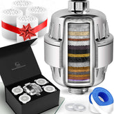 AquaHomeGroup front view of assembled 20-stage shower filter showing compact design and easy fit