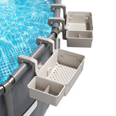AquaJoyer front view of two grey poolside storage baskets showing organized space