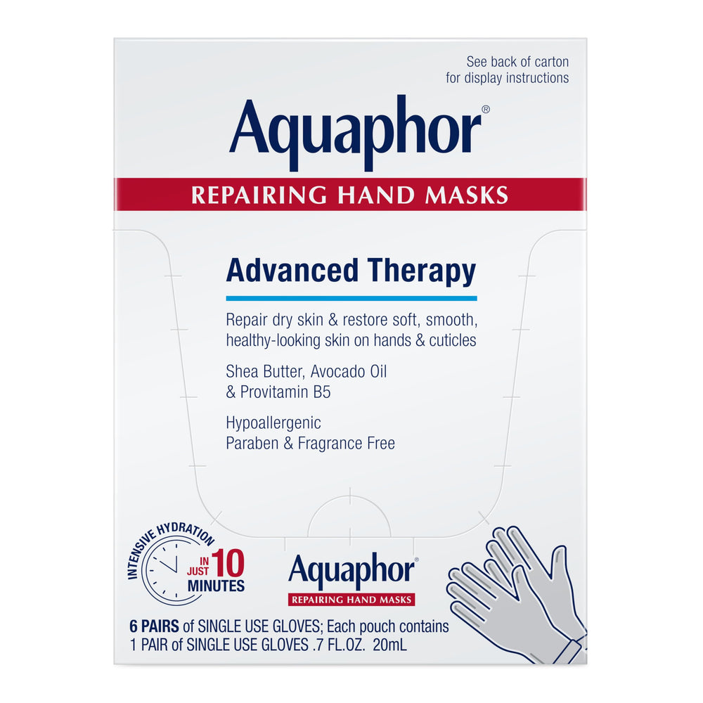 Aquaphor front packaging showing six repairing hand masks and benefits