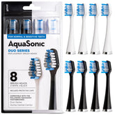 AquaSonic vista frontal del paquete que muestra 8 cabezales y su beneficio de recambio confiable