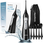 Aquasonic irrigador frontal mostrando diseño portátil y beneficio de limpieza profunda