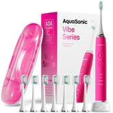 Aquasonic front packaging showing electric pink brush and included accessories for confidence
