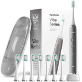 Aquasonic charcoal metallic toothbrush front view showing sleek handle and power benefit