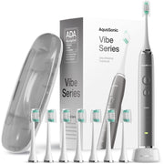 Aquasonic charcoal metallic toothbrush front view showing sleek handle and power benefit