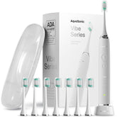 Aquasonic front view showing toothbrush and benefit of powerful cleaning