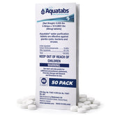 Aquatabs paquete frontal con 50 tabletas mostrando el diseño y facilidad de transporte