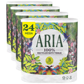 Aria front packaging of 24 rolls showing recyclable paper wrap and soft tissue benefit