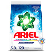 ARIEL frente del empaque mostrando la marca y cantidad 5.8 kg, ahorro