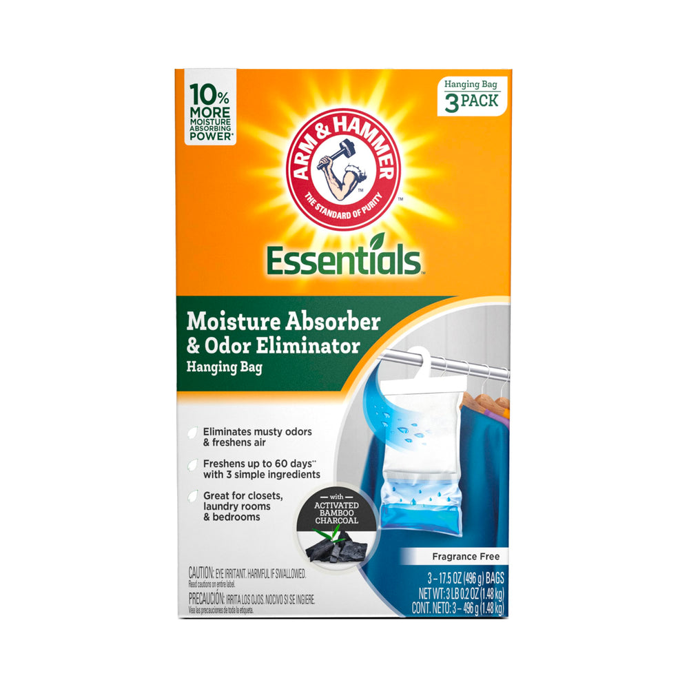Arm & Hammer frente del paquete mostrando tres bolsas y ventaja sin fragancia