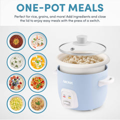 AROMA cooker open with steamed rice ready and fluffy for convenient serving