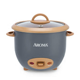 AROMA front view of pot-style rice cooker showing compact design and one-touch button