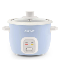 AROMA mini rice cooker front view showing control and compact size for small kitchens