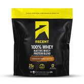 Ascent front packaging showing chocolate peanut butter flavor and key benefits