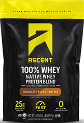 Ascent front packaging showing chocolate peanut butter flavor and clean ingredients benefit