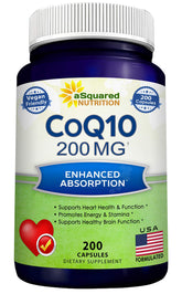 aSquared Nutrition front label showing 200mg ubiquinone and 200 capsules for clear benefits