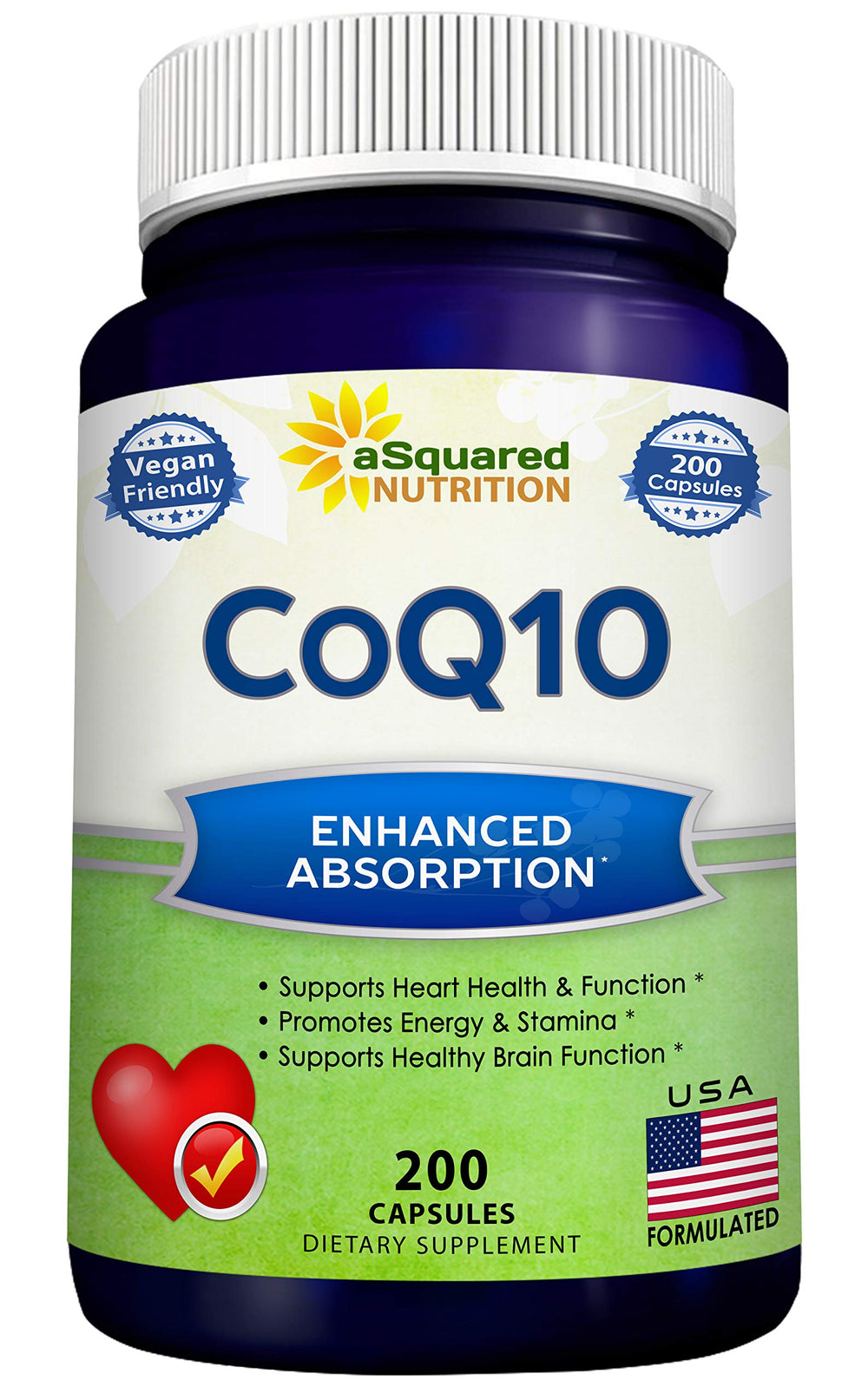 aSquared Nutrition botella frontal mostrando CoQ10 400 mg, envase claro y lectura fácil