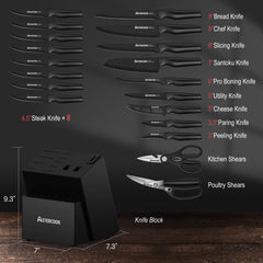 Astercook close-up of black-coated blade showing rust-resistant finish and smooth slicing