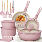 Astercook front view of full pink 21-piece cookware set showing neat arrangement and appeal
