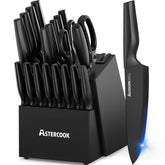 Astercook front view of full 21-piece set in block showing organized storage and convenience