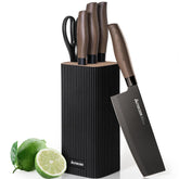 Astercook front view of six-piece set and black block highlighting countertop appeal