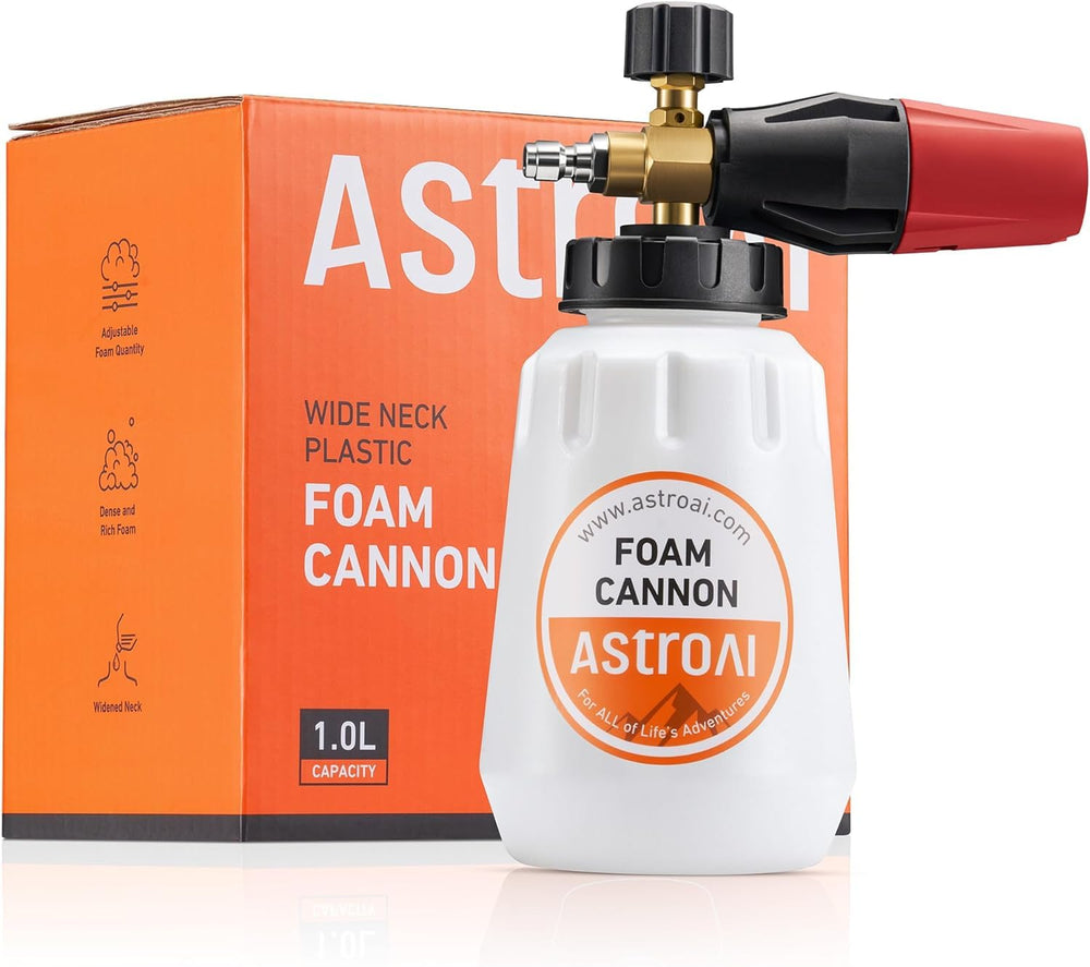 AstroAI vista frontal del cañón de espuma con botella 1 L que facilita lavados completos