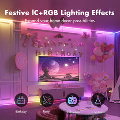 ATHONO strip mounted behind TV, provides immersive bias lighting and reduced eye strain