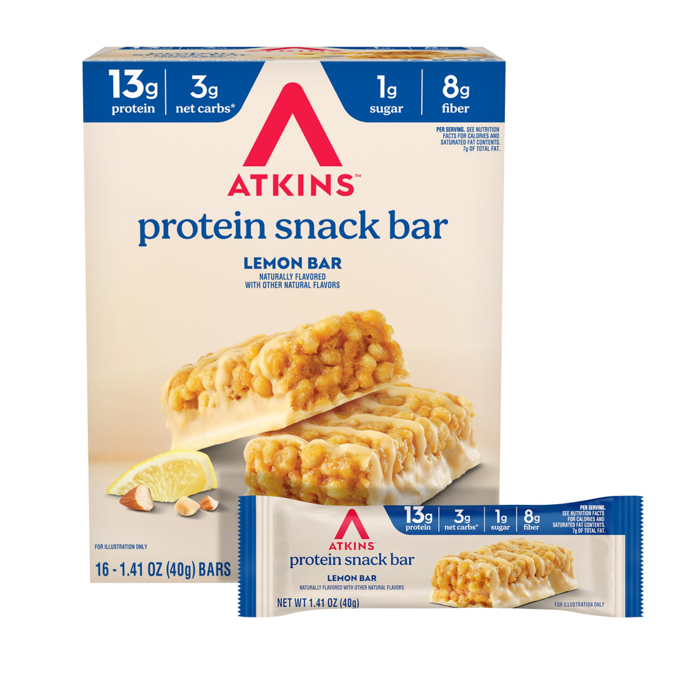 Atkins barra limón frontal mostrando paquete y beneficios rápidos