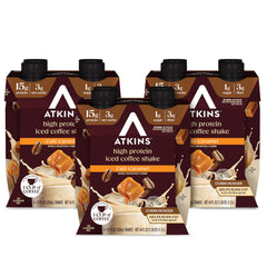 Atkins botella frontal con etiqueta café caramelo que muestra información nutricional y beneficio práctico