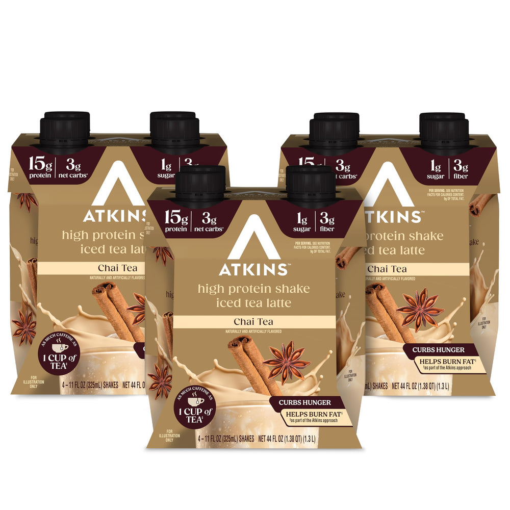 Atkins chai frente del envase mostrando el diseño y beneficios rápidos