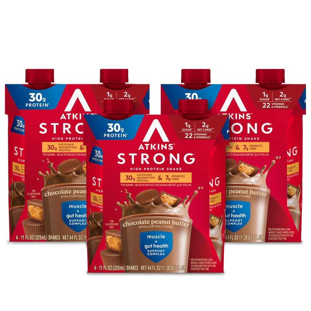 Atkins frente del cartón mostrando sabor chocolate y mantequilla de cacahuate, práctico para llevar