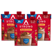 Atkins frente del cartón mostrando sabor chocolate y mantequilla de cacahuate, práctico para llevar