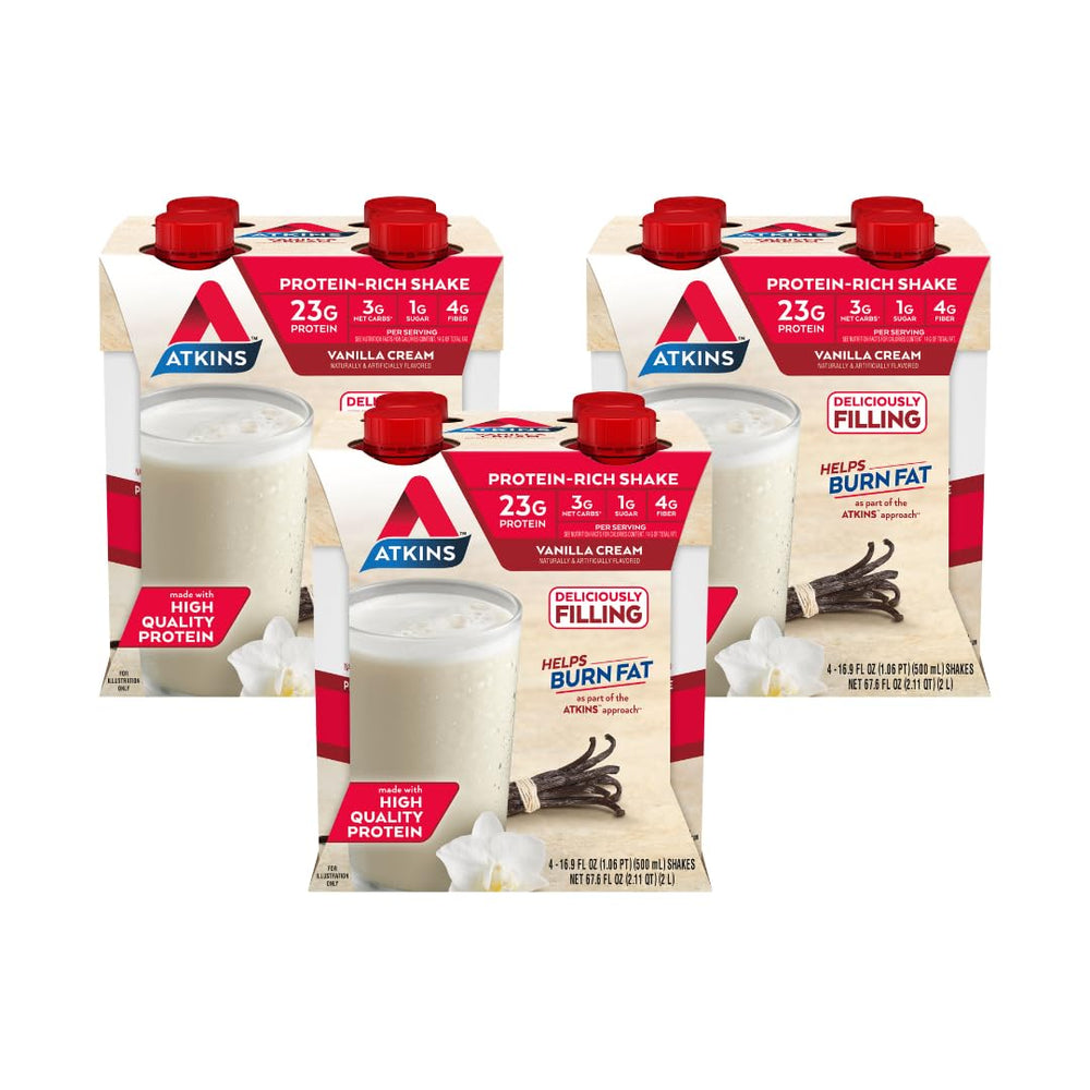 Atkins frente del empaque mostrando porción y sabor vainilla crema para conveniencia