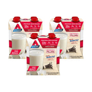 Atkins frente del empaque mostrando porción y sabor vainilla crema para conveniencia