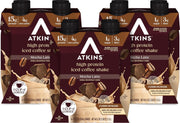Atkins front packaging showing 12-count convenience and mocha latte flavor benefits