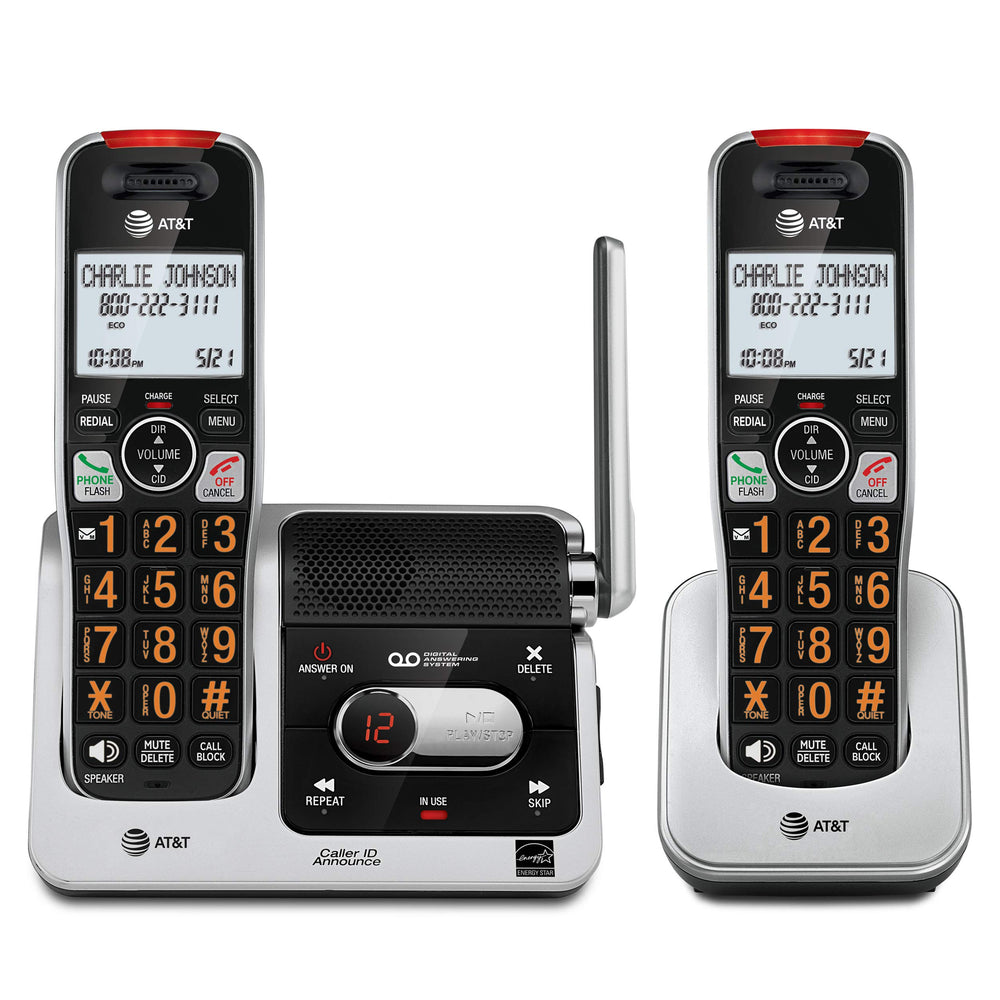 AT&T front view of base and two handsets showing modern design and reliable connectivity