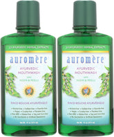 Auromere front packaging two bottles showing natural mouthwash benefits