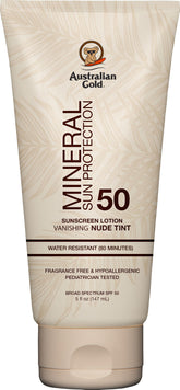 Australian Gold envase frontal mostrando SPF 50 y tinte nude para aplicación fácil