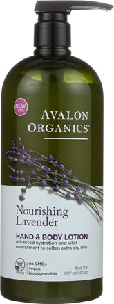 Avalon Organics botella frontal mostrando envase de 32 oz y beneficios hidratantes