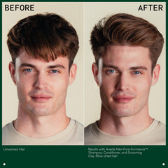 Aveda grooming clay styled hair before and after illustrating matte texture and strong hold benefit: visible definition